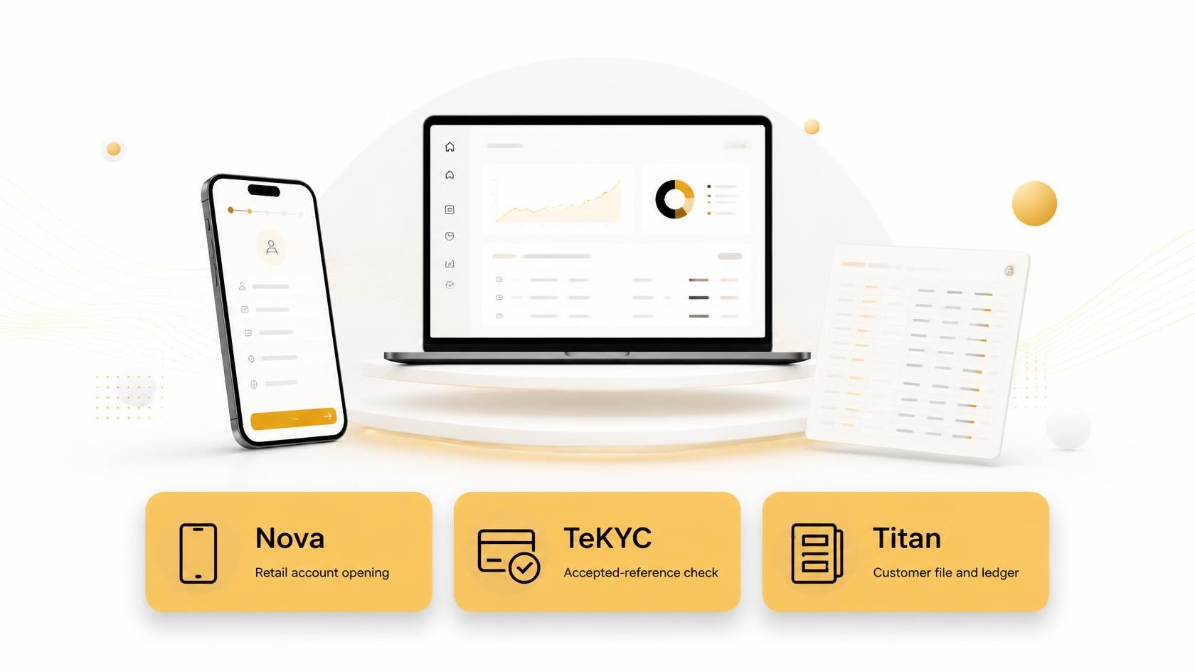 Nova on a phone, TeKYC as the middle check, and Titan as the ledger.
